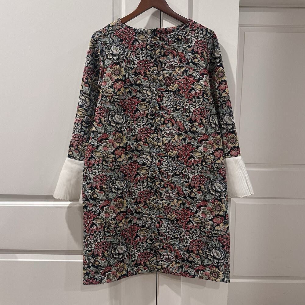 Italian Acoolique MED Floral Tapestry Dress Pleated Cuffs Baroque Chic Boho EUC
